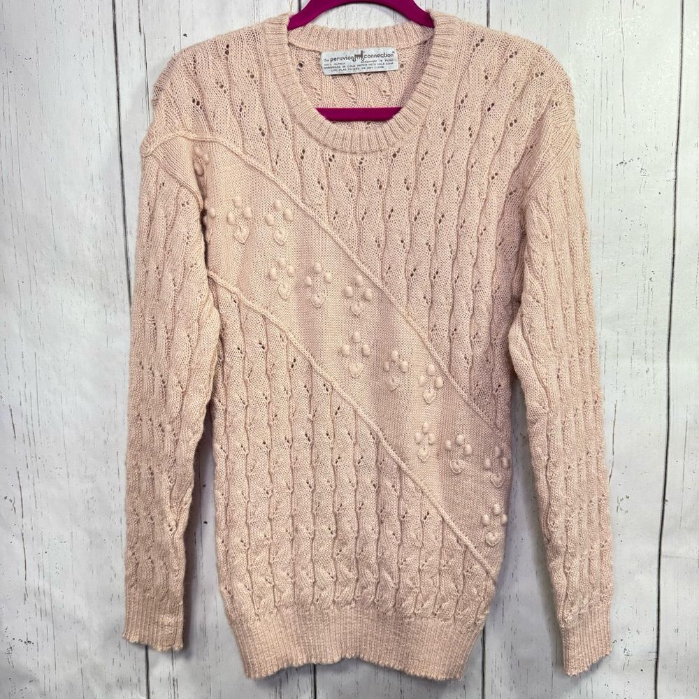 Peruvian Connection Beige 100% Alpaca Sweater S Handmade Knit Cozy Boho Cottage